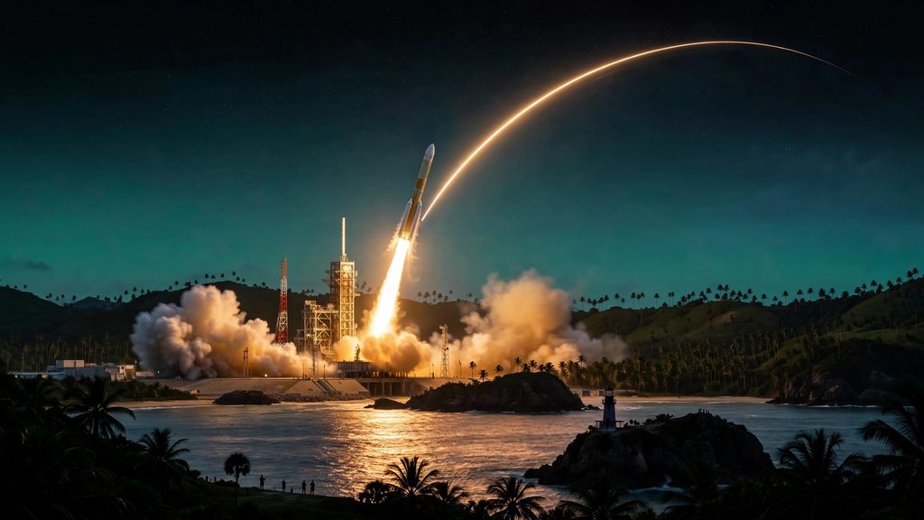 A rocket lifting off at dusk from a seaside launch site on a green island, its flame reflected in the sea.