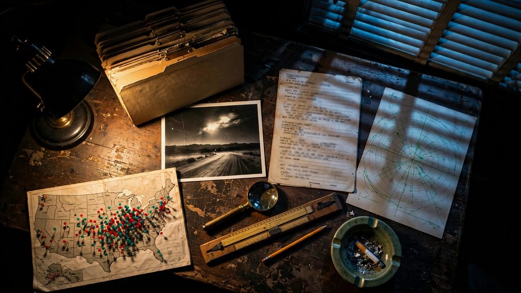 An old investigator’s desk under a lamp, with case folders, a photograph of a light in the sky, a radar printout and a pinned map.