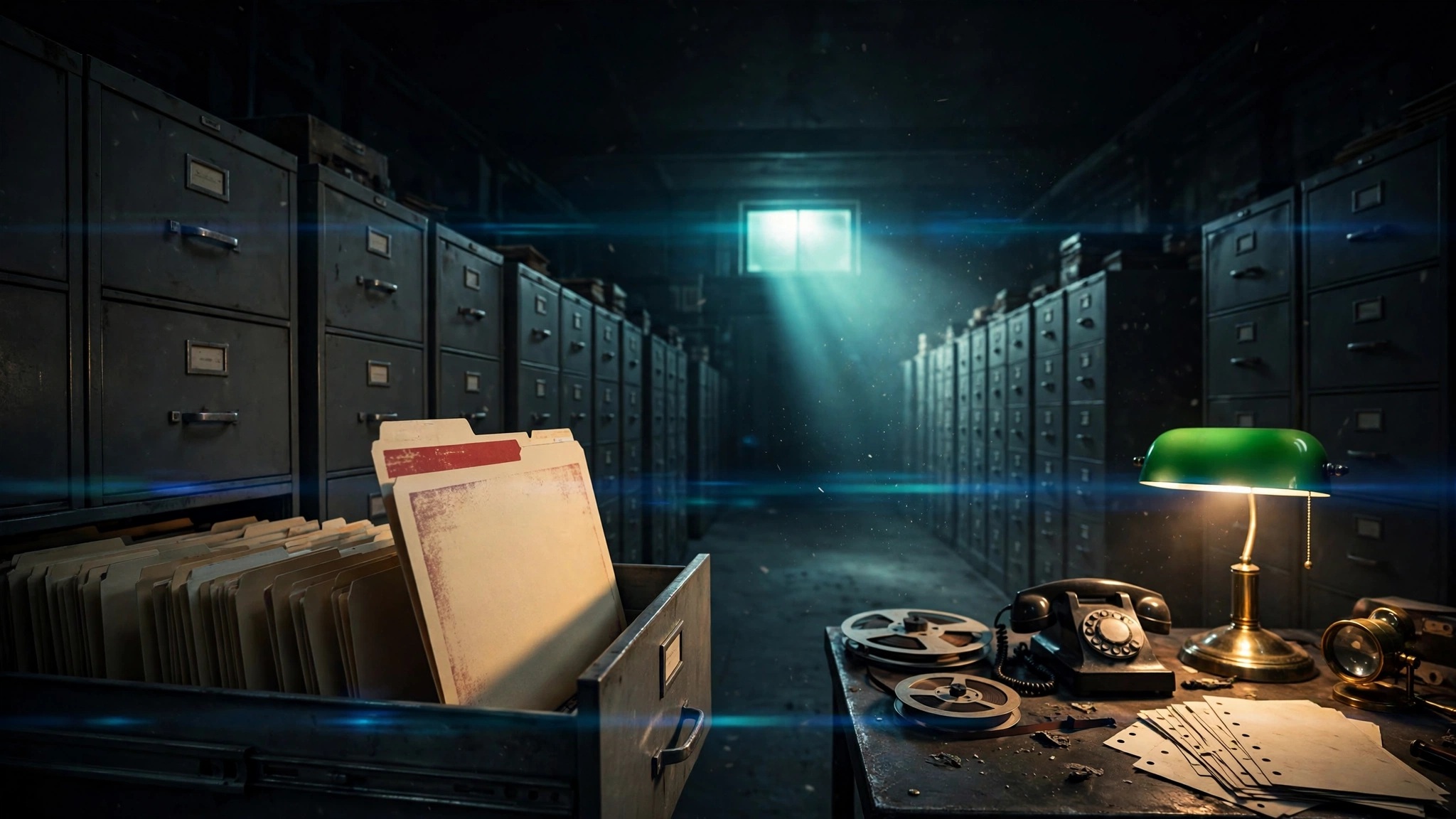 A long dark records vault lined with steel filing cabinets, one drawer open with a folder lit by a desk lamp.