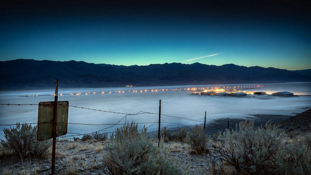 A remote desert air base with lit hangars on a dry lake bed, under mountains and a pre-dawn sky.