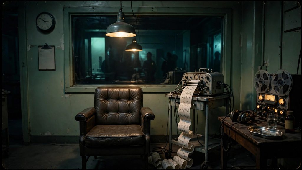 A 1950s laboratory with an empty chair under a lamp, an EEG machine, a tape recorder and a one-way mirror.
