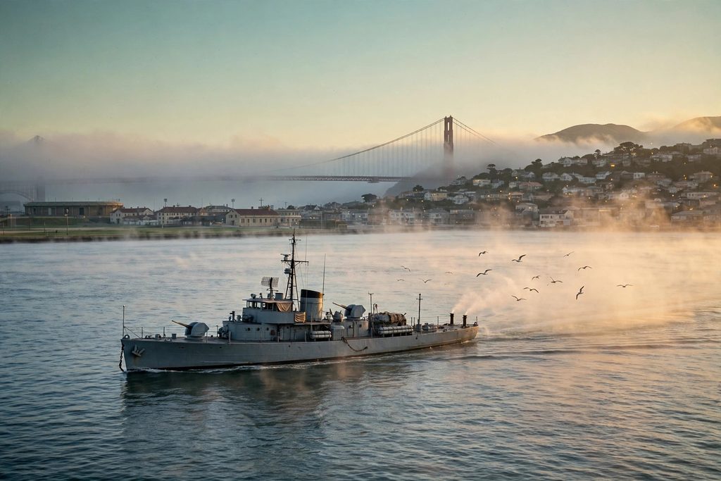 A grey Navy ship releasing a faint mist on San Francisco Bay at dawn, with the Golden Gate Bridge rising from the fog.