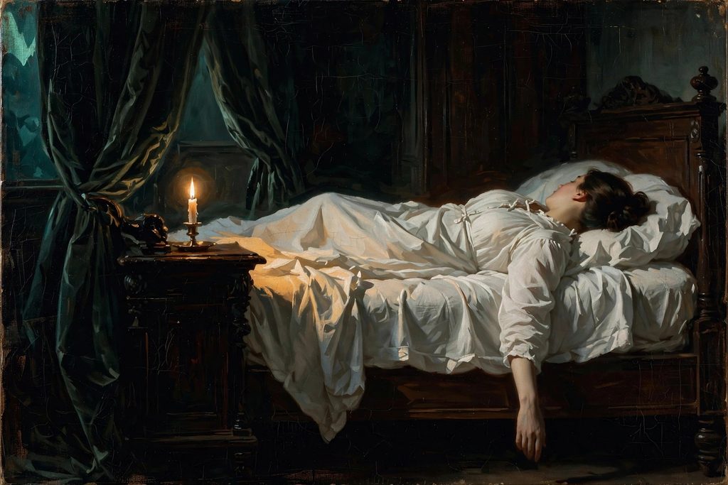 A candlelit old bedroom where a woman sleeps on her back while a small hooded dark shape sits on the edge of the bed.