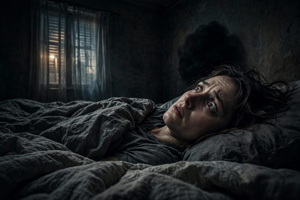 A dramatic, low-light photograph of a bedroom. A person is lying in bed, paralyzed, looking with terror into a corner where a featureless, humanoid shadow, void of light, is standing and watching.