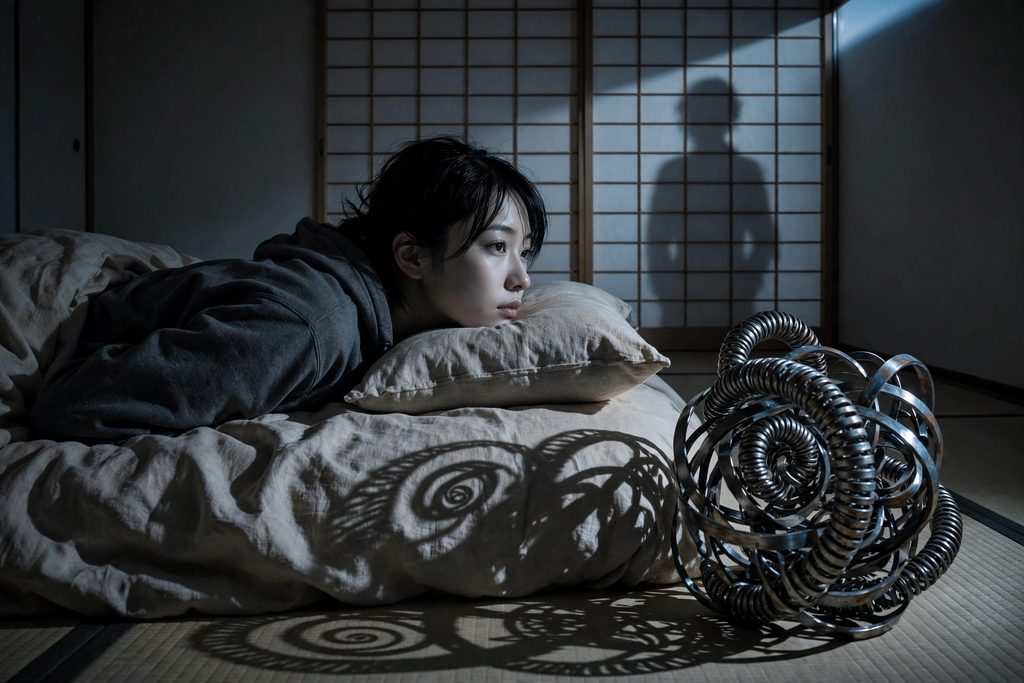A highly detailed, black and white metaphorical photograph. A person on a sleeping mat is completely wrapped from neck to foot in heavy, intricate, gleaming steel coils that immobilize them, visualizing the physical sensation of the condition.