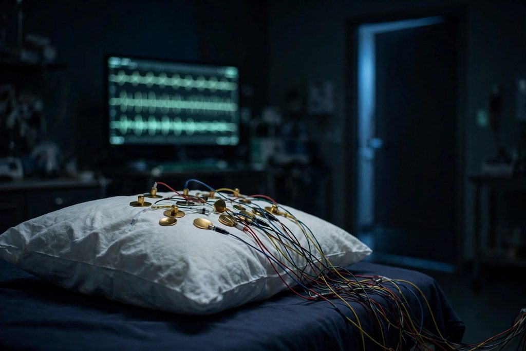 EEG electrodes and wires resting on a pillow in a dark sleep lab, with brainwave traces glowing on a monitor behind.