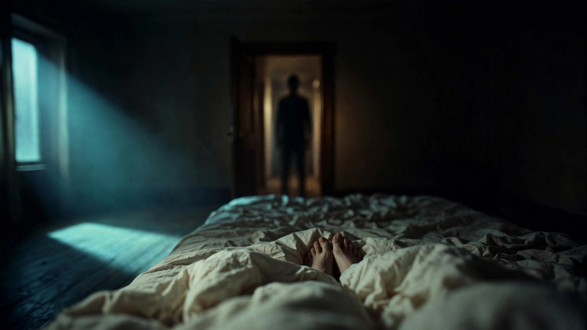 View from a bed at night toward an open doorway where a tall, featureless dark silhouette stands against a faint light.