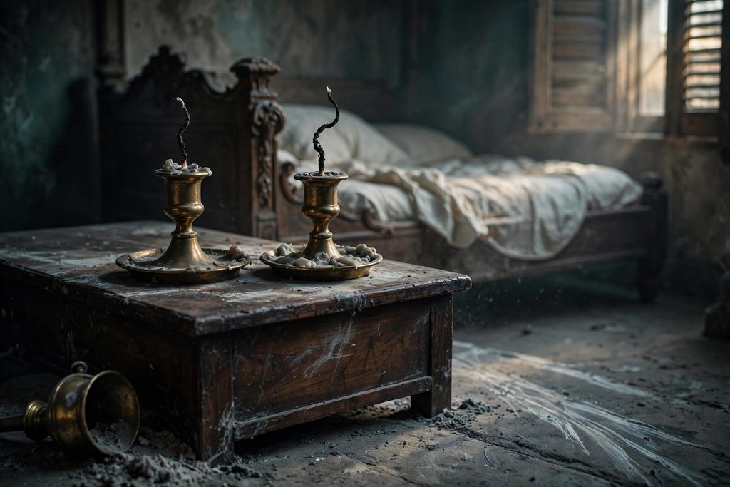 Two brass candlesticks with only blackened wicks left and an empty oil lamp on a soot-covered floor beside an old bed.