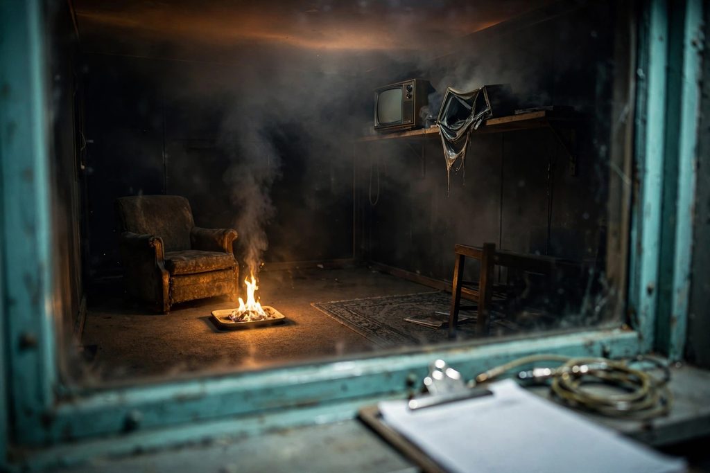 A blanket-wrapped bundle burning with low flames in a test room, smoke and heat gathered at the ceiling where a television is melting.