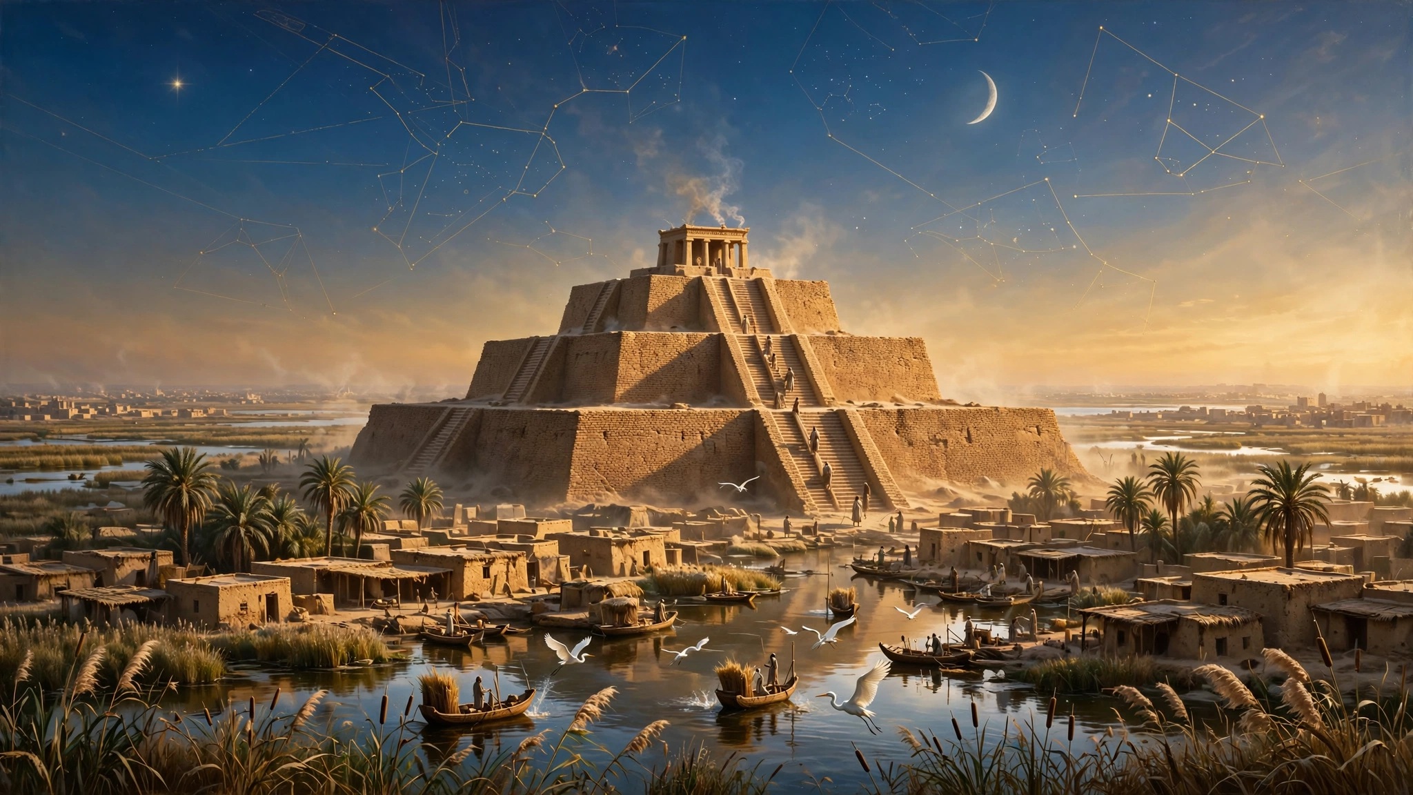 A stepped mud-brick ziggurat rising over a Sumerian city of canals and palm groves at golden hour, under a crescent moon and the evening star.