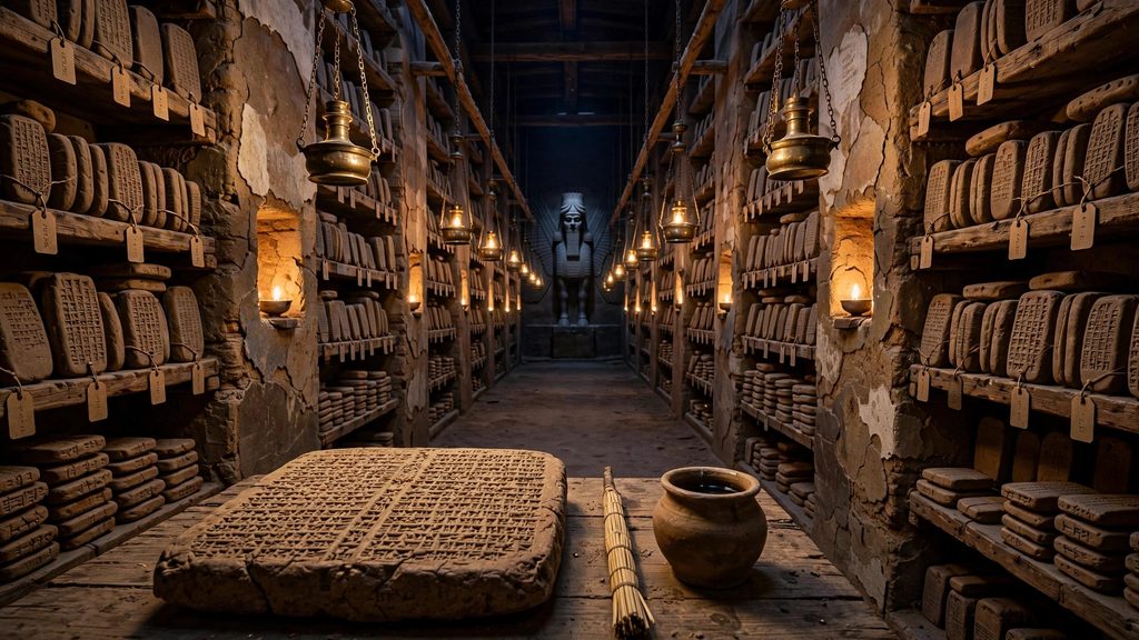 A vast ancient library of clay tablets on wooden shelves, lit by hanging bronze oil lamps, with one large tablet on a table in the foreground.