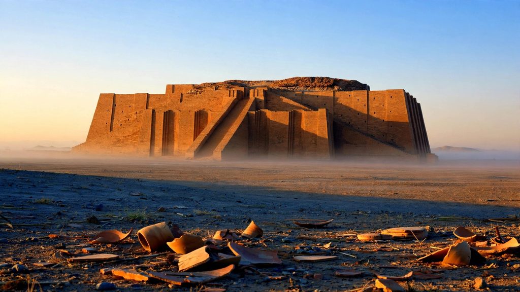 The massive brick ziggurat of Ur with its three great stairways, glowing in the first light of dawn on the plain of southern Iraq.