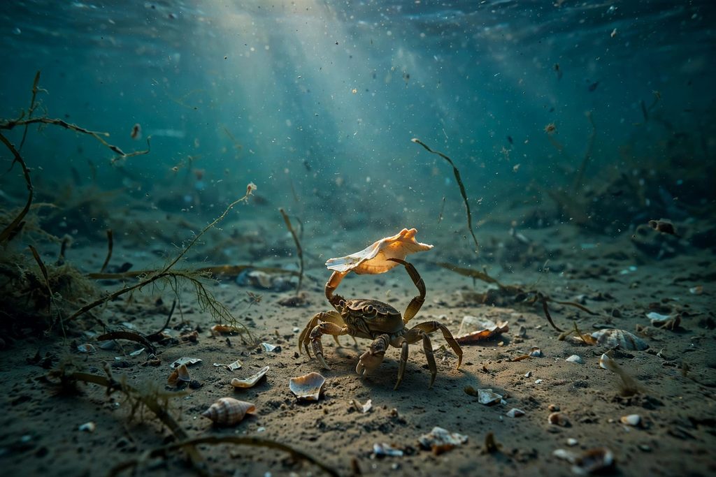 A small crab walking across a muddy sea floor holding a piece of shell over its back with its rear legs.