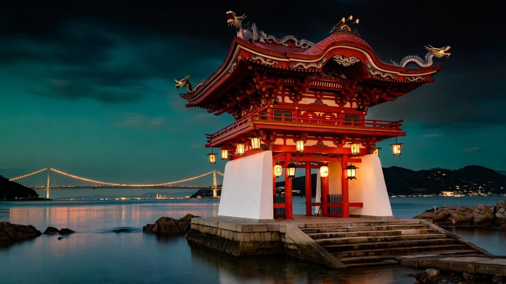 A vermilion and white shrine gate in the style of an undersea palace, at the top of stone steps facing a strait at dusk.