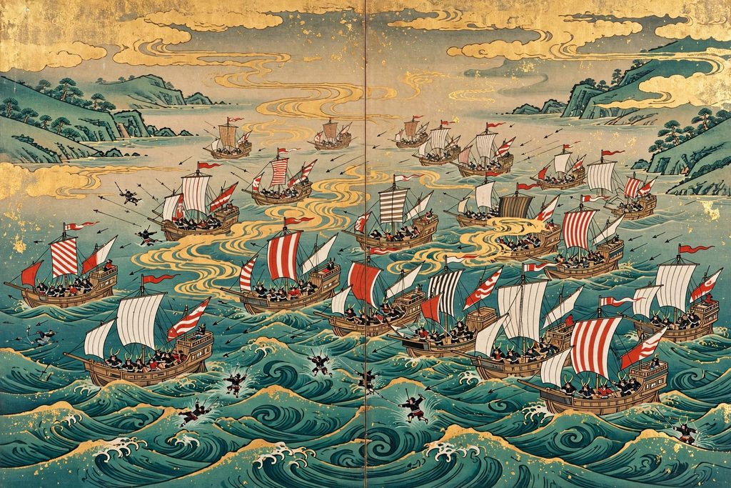 A Japanese screen-style painting of a medieval sea battle, with warships, banners and warriors among waves and gold clouds.