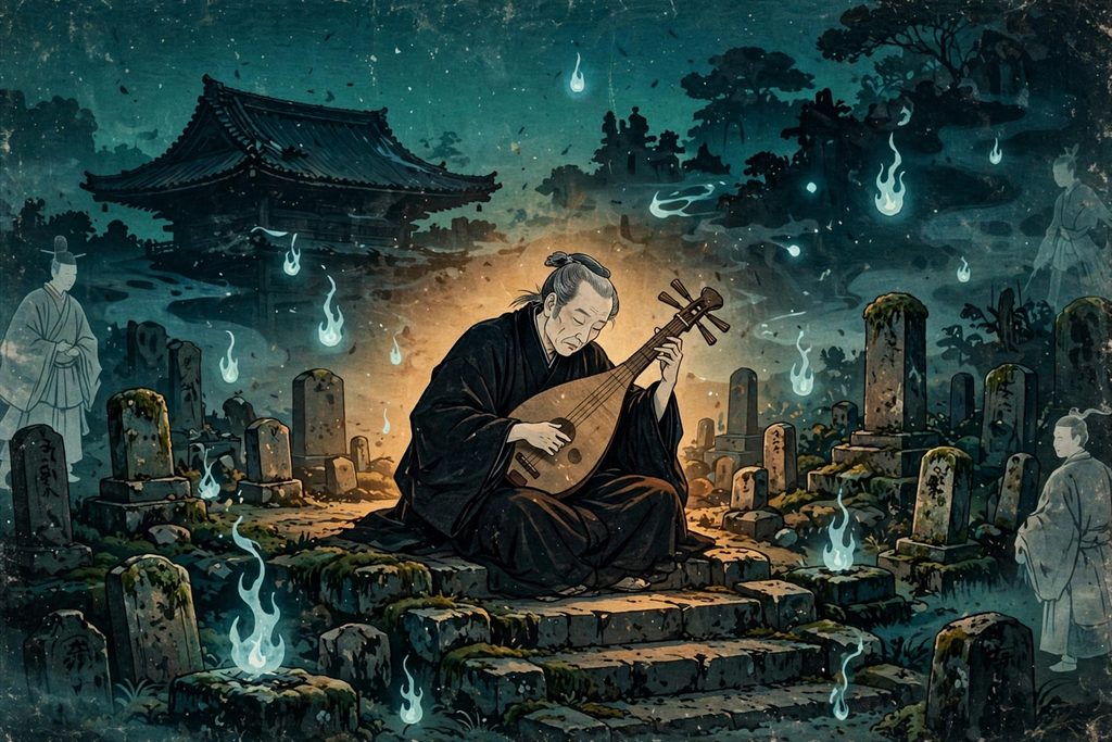 A blind musician playing a biwa among old graves at night, surrounded by floating ghost fires.