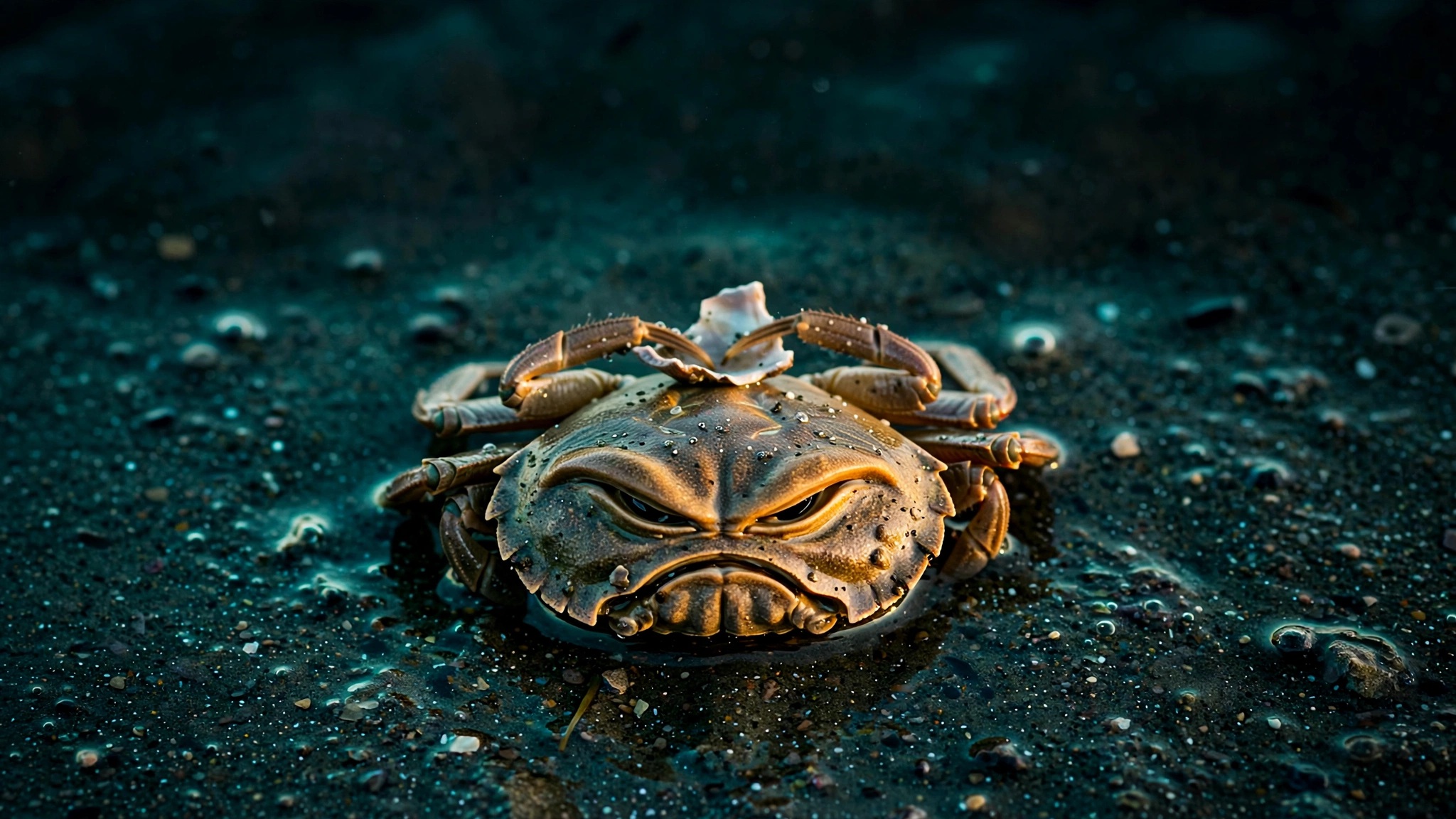 A small crab on wet sand, seen from above, whose shell ridges form the face of a scowling warrior.