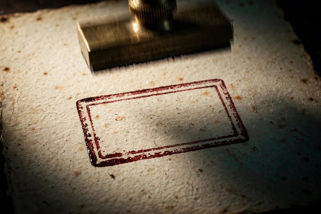 A fresh red rubber-stamp border pressed onto old cream paper, with the stamp being lifted away.