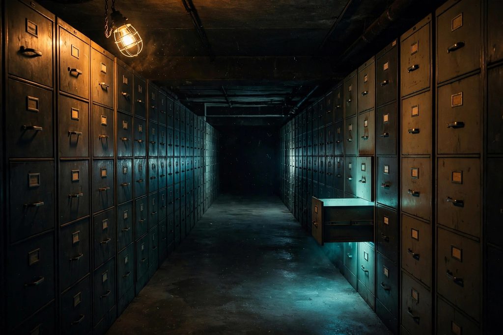 A long dark aisle of tall filing cabinets with a single drawer half open and glowing with a soft teal light.