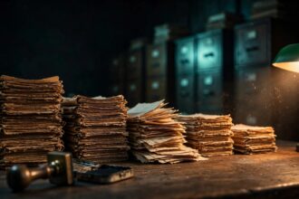 Five stacks of worn manila case files of different heights on a dark wooden table, lit by a single desk lamp, with a rubber stamp in the foreground.