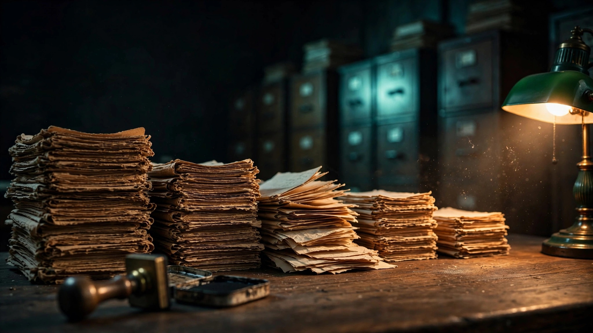 Five stacks of worn manila case files of different heights on a dark wooden table, lit by a single desk lamp, with a rubber stamp in the foreground.