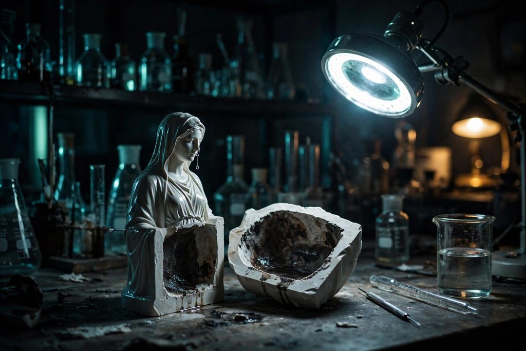 A small hollow plaster statue cut open on a laboratory bench, with tools beside it and a drop forming at the corner of the eye.