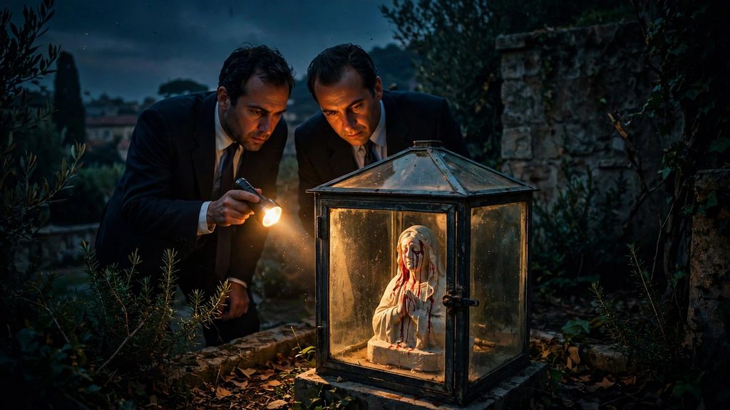 Two investigators examining a small plaster statue in a dark garden lit by a warm amber flashlight beam against deep teal evening shadows