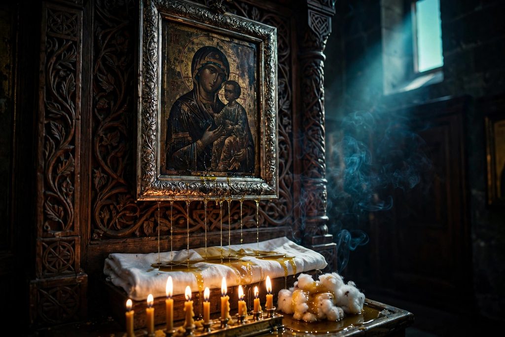 An old icon of the Virgin and Child in a candlelit Orthodox chapel, with golden oil running down onto a white cloth below it.