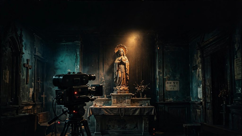 Vintage television camera silhouetted in the foreground filming a wooden statue illuminated by warm amber light inside a dark Japanese convent chapel