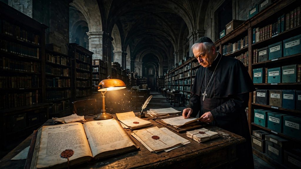 Cleric standing in a high-contrast dark Vatican archive room reviewing official documents under a warm amber desk lamp against deep teal shadows