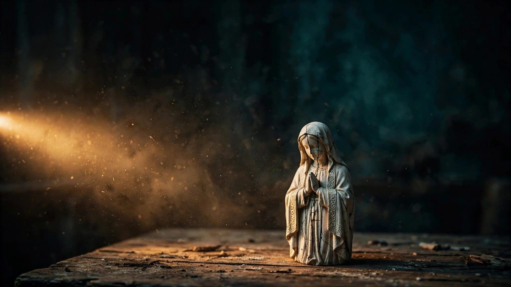 Cinematic photo of a small plaster Virgin Mary statue illuminated by warm amber side light with deep red streaks on its face against deep teal background shadows