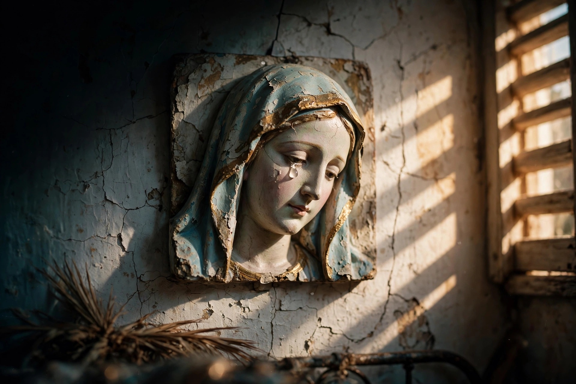 A small plaster relief of the Virgin Mary on a whitewashed wall, with a single tear running down her cheek in slatted morning light.