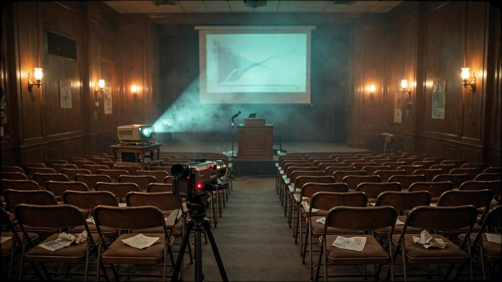 An empty 1980s lecture hall with a projector beam on the screen and a video camera on a tripod in the aisle.