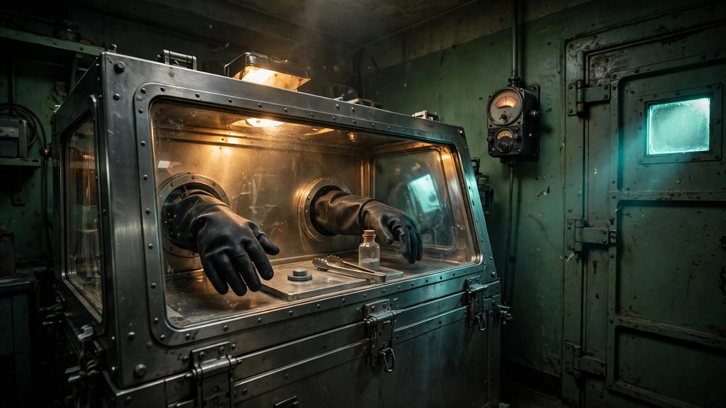 A sealed glovebox with black rubber gloves reaching in toward a small grey metal button of plutonium.