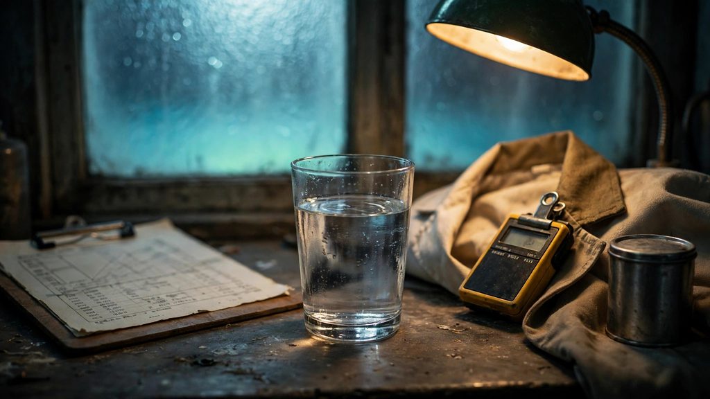 A glass of clear water on a laboratory bench beside a film badge dosimeter and a clipboard printout under a desk lamp.